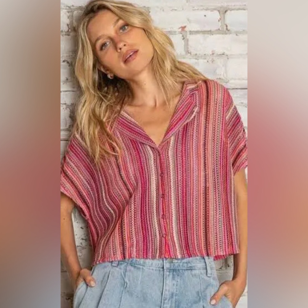 POL Multi Color Button Sheer Top with Stripes